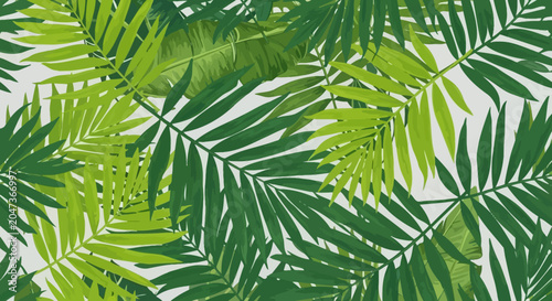Tropical green palm and banana leaves pattern on a light background for summer design and textile