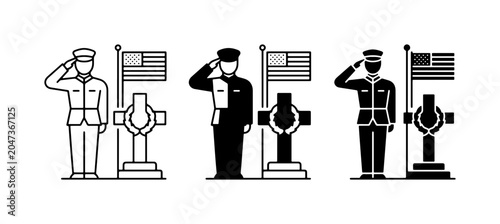 Military Salute Icons, Soldier Honoring Grave, American Flag, Memorial Day, Veterans Day