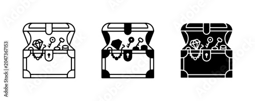 Fotografi Treasure Chest Icons: Open Pirate Chests Filled with Jewels, Keys, and Gold Coin