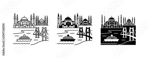 Fényképezés Istanbul Skyline Vector Icons, Cityscape Landmarks, Bosphorus Bridge, Hagia Soph