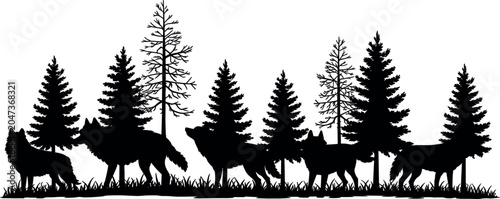 Billede på lærred Wolf pack and pine forest silhouette illustration, wildlife nature vector design