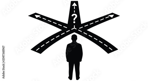 Fotografie A silhouette contemplates a crossroads with a question mark above