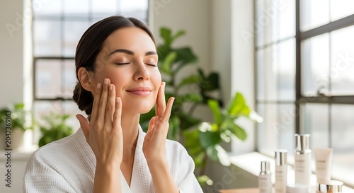Beautiful young woman with closed eyes blissfully engaging in her personalized skincare routine, enjoying the soothing touch of product on her healthy, glowing complexion
