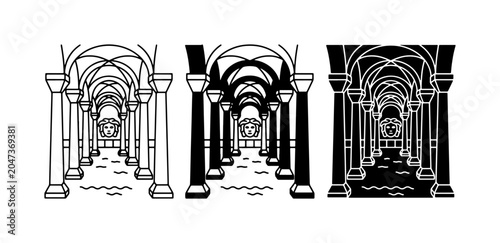 Foto Architectural Hallway Vector Set: Romanesque Arches, Columns, and Perspective Vi