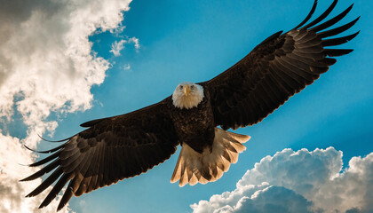 Majestic bald eagle in flight with wings fully spread against a blue sky with clouds