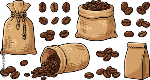 Coffee Bean Sack and Packaging Set with Burlap Bags, Scattered Beans, and Paper Bag for Cafe, Harvest, and Retail Designs