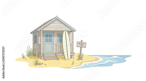 Small beach hut with wooden steps.