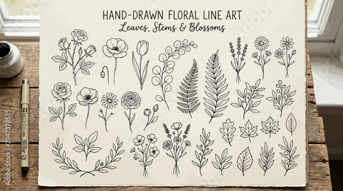 Hand drawn floral line art designs.