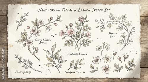 Hand drawn flowers and branches set.