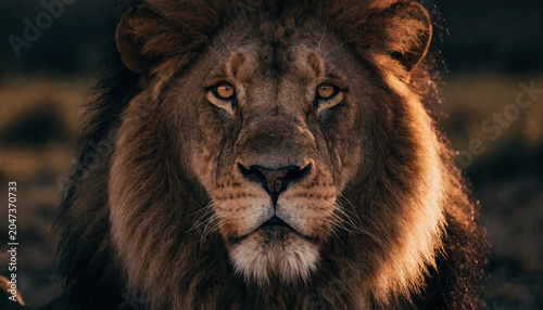 Majestic male lion portrait with golden light and transparent background