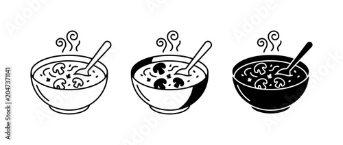 Tableau sur toile Mushroom Soup Icons, Hot Food Bowl Vector Graphics, Comforting Meal Illustration