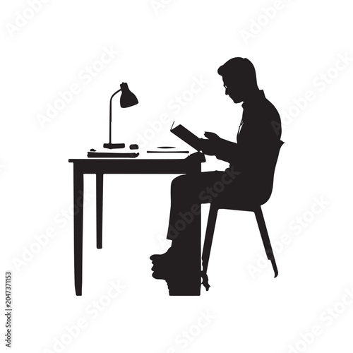 Black silhouette of a man sitting at a desk reading a book with a desk lamp isolated on a white background, for study or, office work themes
