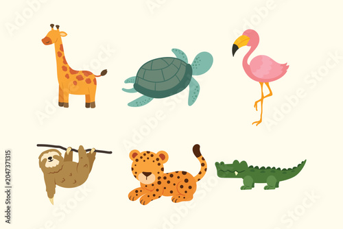 Photography Collection of cute cartoon wild animals including giraffe turtle flamingo sloth