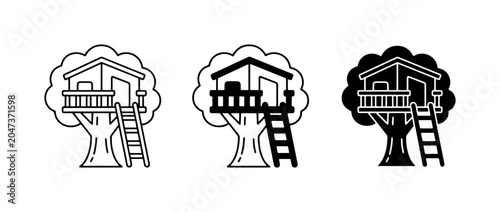 Fotografi Treehouse Icons Set: Simple Line Art, Filled Outline, and Solid Black Styles for