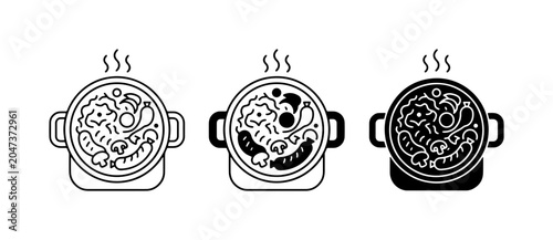 Tableau sur toile Hot Stew Icons, Three Styles: Line Art, Filled Outline, Silhouette, Food Pot, Me
