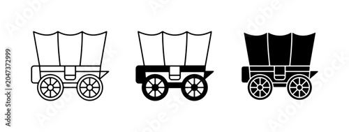 Schilderij op canvas Covered Wagon Icons, Western Transport Vector Set, Old West Travel Graphics