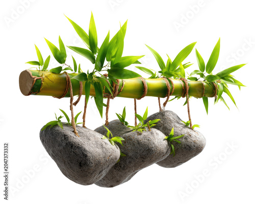 Zen Garden Display: A minimalist arrangement featuring bamboo stalks adorned with small green shoots, holding suspended stones, evoking tranquility and natural harmony.