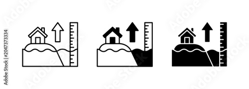 Fotografie Flood Level Indicator Icons, Rising Water Gauge, House on Hill, Vector Graphics