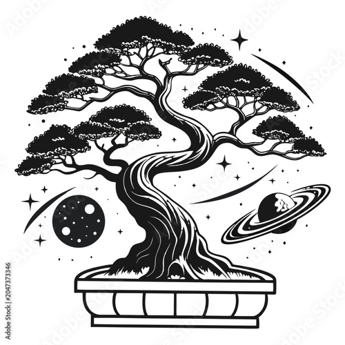 Obraz na płótnie Bonsai tree illustration with surrounding planets and stars in line art style as