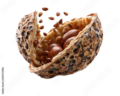 Cocoa Pod Burst: A vibrant cocoa pod split open, revealing plump cocoa beans within, with a scattering of smaller beans floating above, hinting at the origins of chocolate.
