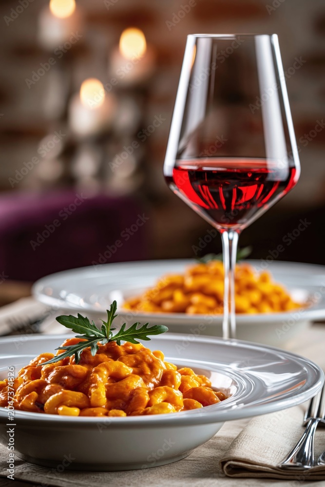 Obraz premium Elegant italian pasta dinner with fine wine