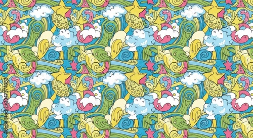 A colorful seamless pattern featuring hand-drawn whimsical doodles of stars, clouds, and swirls in a vibrant repeating childlike design, flowers, pen, creative
