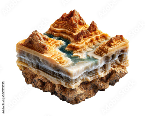 Cross-section of a Desert Landscape: A detailed cross-section reveals a miniature desert landscape with layered rock formations, a winding river, and arid terrain.