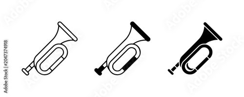 Bugle Icon Set, Brass Instrument Graphics, Musical Signal Vector Art, Simple Line and Silhouette