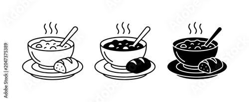 Tableau sur toile Hot Soup Bowls with Bread, Vector Icons Set: Comforting Meal Graphics