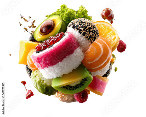 Vibrant Sushi and Fruit Medley: A visually stunning arrangement of assorted sushi rolls and fresh fruits, bursting with color and flavor.
