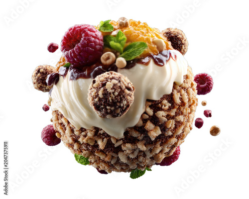 An Indulgent Sphere of Sweetness: A delectable dessert sphere, adorned with fresh raspberries, crunchy nuts, a swirl of creamy frosting, and a dollop of golden compote.