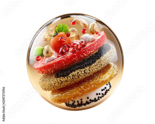 Culinary Artistry in a Sphere: A vibrant and layered composition of food elements, including tomato, pomegranate seeds, and various grains, presented within a clear, golden liquid sphere.