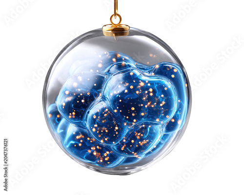 Celestial Orb: A crystal clear sphere, resembling a holiday ornament, contains a swirling galaxy of vibrant blue nebulas dotted with sparkling golden stars, evoking a sense of cosmic wonder.