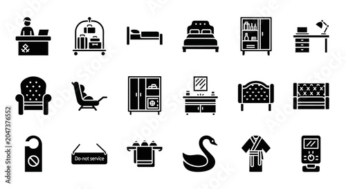 Schilderij op canvas Black Icons Representing Various Furniture and Home Decor Items.