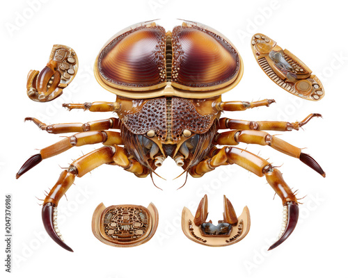 Anatomical Study of a Clockwork Crab: A meticulously crafted clockwork crab, displayed with its disassembled parts, showcases intricate mechanical artistry and steampunk aesthetic.