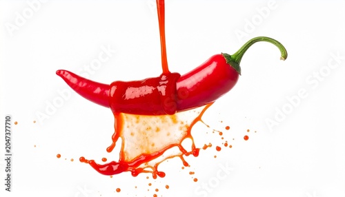 A bright red chili pepper is drizzled with a vibrant red sauce, creating a dynamic splash. The image captures the essence of heat and flavor in a visually appealing way