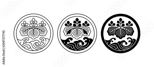 Foto Japanese Crests, Iris Flower and Waves, Vector Icons Set, Traditional Mon Emblem