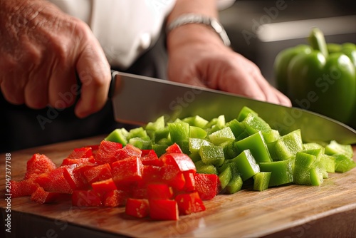 Chef's Knife Dicing Fresh Red and Green Bell Peppers on Wooden Cutting Board