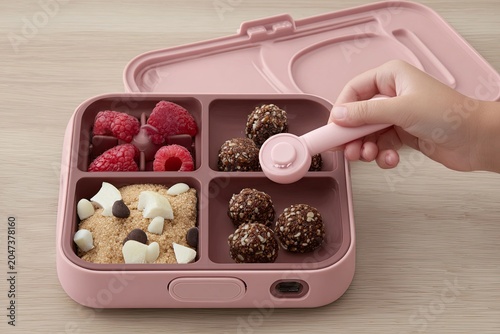 Child's hand uses small scoop to fill compartmentalized pink bento lunchbox with berries and sweet snacks