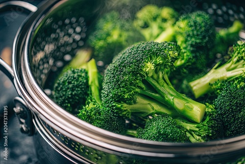 Close-up of fresh green broccoli florets being steamed in a metal colander