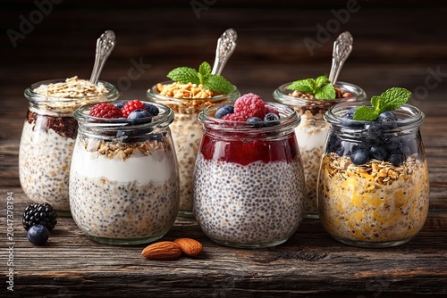 Collection of individual servings of overnight oats and chia pudding in glass jars with fresh berries and mint on a rustic wooden table.