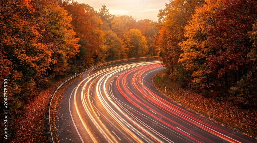 Fototapeta premium Autumn highway at sunset with car light trails