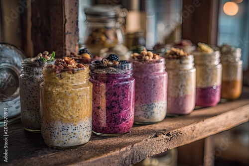 Collection of individual servings of overnight oats in glass jars with fruit toppings on a rustic wooden shelf