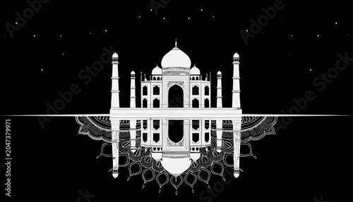 Photos Very beautiful black-and-white vector illustration featuring the Taj Mahal refle