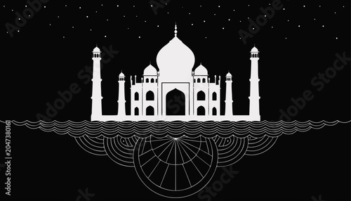 Εκτύπωση καμβά Very beautiful black-and-white vector illustration featuring the Taj Mahal refle