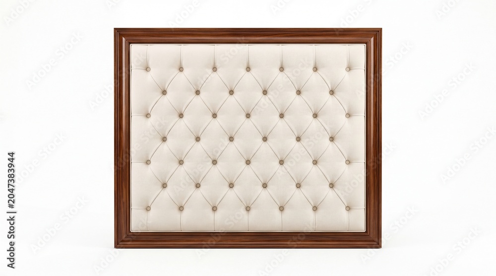 Fototapeta premium Elegant square upholstered headboard with tufted cream fabric and polished dark wooden frame on white background