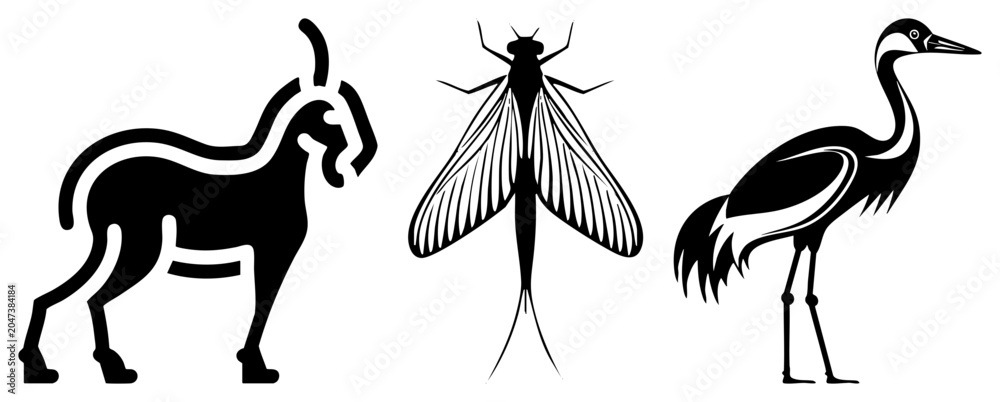 Obraz premium This striking set features a stylized mountain goat, a delicate moth, and a tall heron. These animal glyphs use bold negative space to create clean, high contrast wildlife silhouettes.