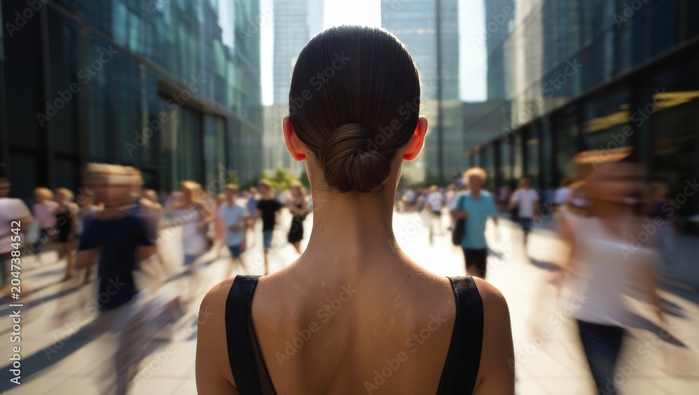 Obraz premium A serene woman stands still in the midst of a bustling city street, her dark hair neatly tied in a bun, as blurred pedestrians rush past her in every direction.