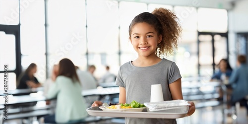 Smiling young girl holding a lunch tray in a bright school cafeteria
