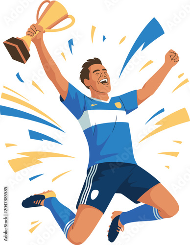 Male Soccer Player Jumping With Trophy During Celebration Against Colorful Confetti Vector Illustration